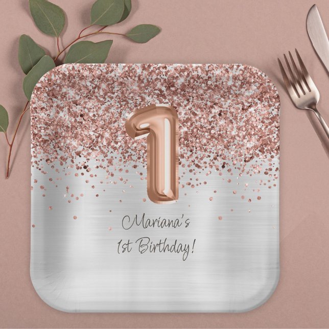 Assiettes En Carton Rose Gold Silver 1ère fête d'anniversaire (Créateur téléchargé)