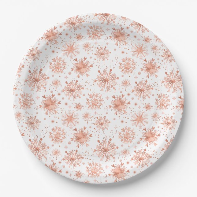 Assiettes En Carton Rose Gold Snowflakes en blanc (Devant)