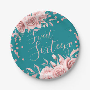 Assiettes En Carton Rose Gold Turquoise Sweet 16 Parties scintillant C