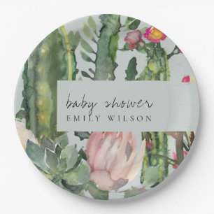 ASSIETTES EN CARTON ROSE GRIS DÉSERT FLORAL CACTI BABY SHOWER FOLIAGE