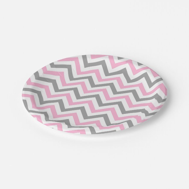 Assiettes En Carton Rose, Gris Dk What Grand Motif Chevron ZigZag (Angle)