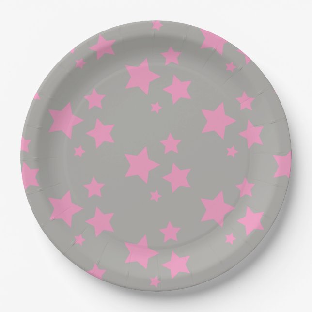 Assiettes En Carton Rose Gris Étoiles Enfants Baby Circus Party (Devant)