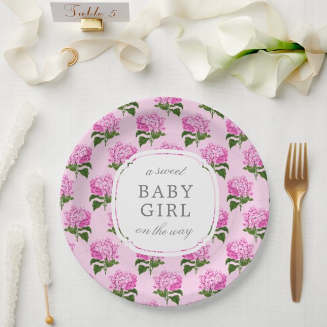 Assiettes En Carton Rose Hydrangea Motif Sweet Baby Girl (Mariage)