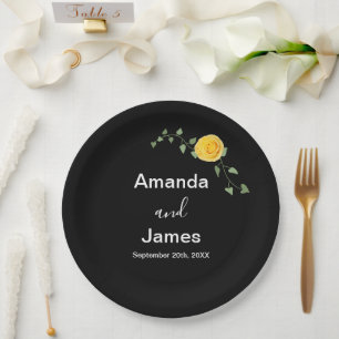 Assiettes En Carton Rose jaune et vigne verte Élégant mariage noir