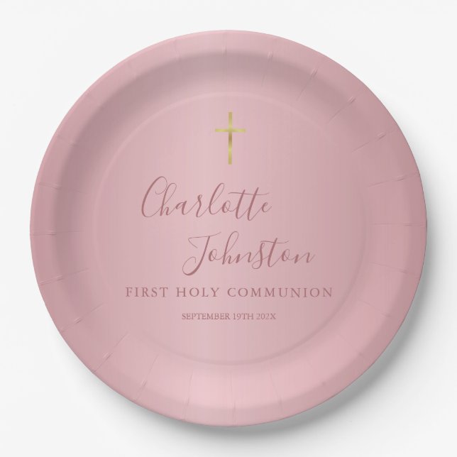 Assiettes En Carton Rose moderne Gold Première communion sainte (Devant)
