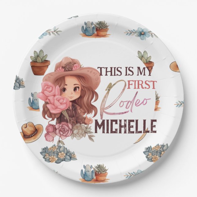 Assiettes En Carton Rose Mon premier Rodéo Anniversaire Plaque Papier (Devant)