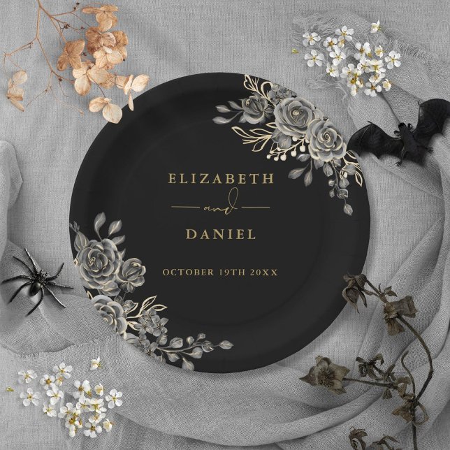 Assiettes En Carton Rose Noir Et Or Floral Mariage gothique (Black And Gold Roses Floral Gothic Wedding Paper Plates)