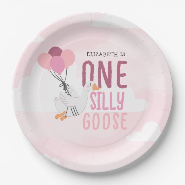 Assiettes En Carton Rose One Silly Goose 1er anniversaire (Devant)