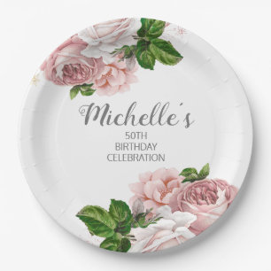 Assiettes En Carton Rose Pâle Aquarelle Anniversaire Floral Vintage
