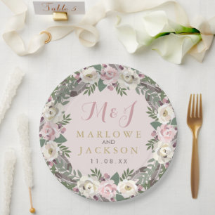 Assiettes En Carton Rose Pâle Floral Boho Mariage Monogramme