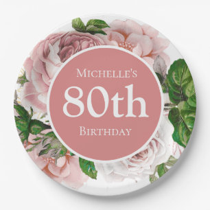 Assiettes En Carton Rose Pâle Floral Vintage Verdure 80e Anniversaire