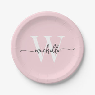 Assiettes En Carton Rose Pâle Moderne Monogramme Personnalisé avec Nom