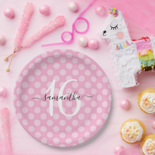 Assiettes En Carton Rose Pâle Personnalisé à pois Sweet 16