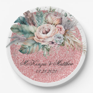 Assiettes En Carton Rose Parties scintillant or Boho Florals Plumes Ma