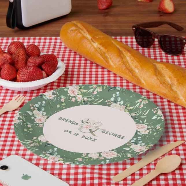 Assiettes En Carton Rose pastel aquarelles motif sur vert (Pique-nique)