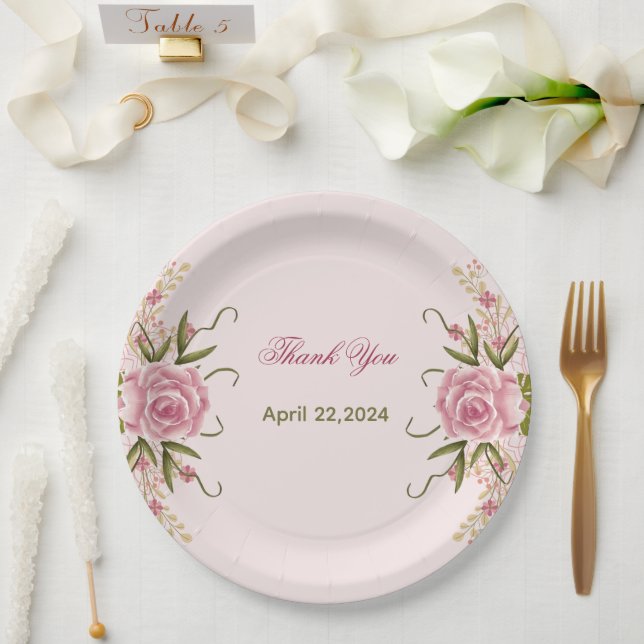 Assiettes En Carton Rose pastel Merci pour ton anniversaire Double Art (Mariage)