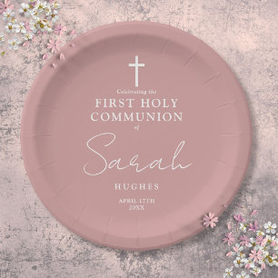 Assiettes En Carton Rose Poussiéreuse Rose Minimaliste Première Sainte