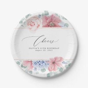 Assiettes En Carton Rose Poussiéreux Bleu Poussiéreux Floral Élégant B
