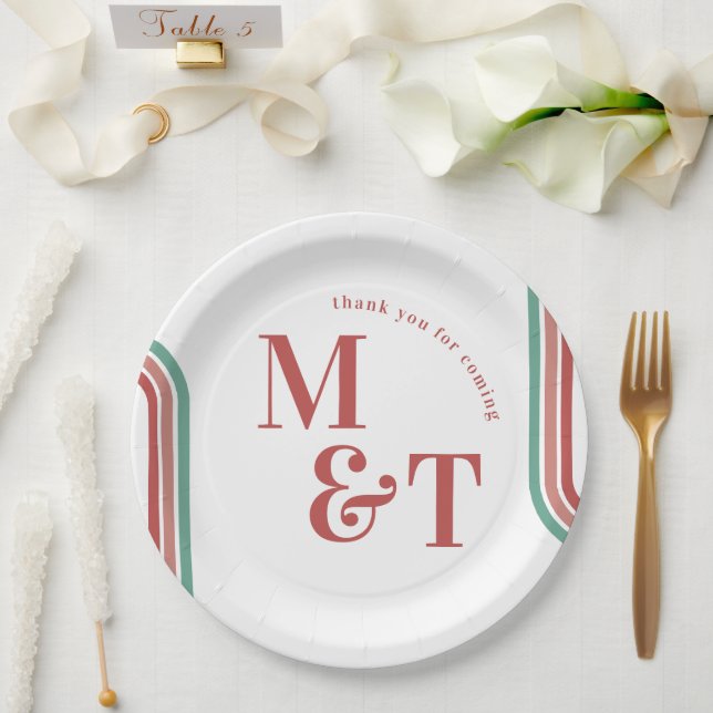Assiettes En Carton Rose | Retro Seventies Stripes | Monogramme Mariag (Mariage)