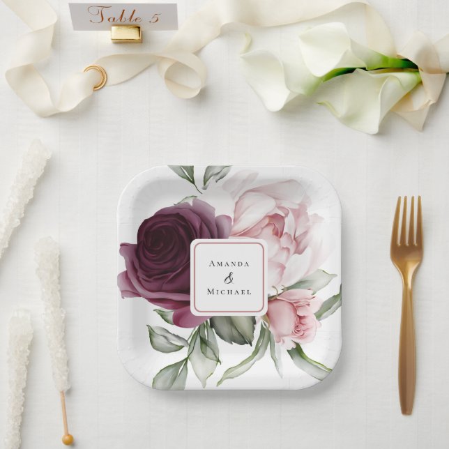 Assiettes En Carton Rose romantique Aquarelle Mariage botanique (Mariage)