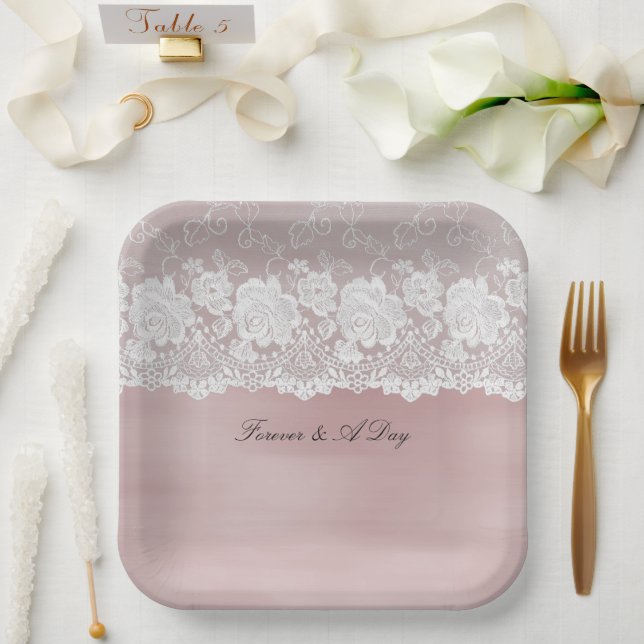 Assiettes En Carton Rose romantique Blush Rose Blanche dentelle Mariag (Mariage)