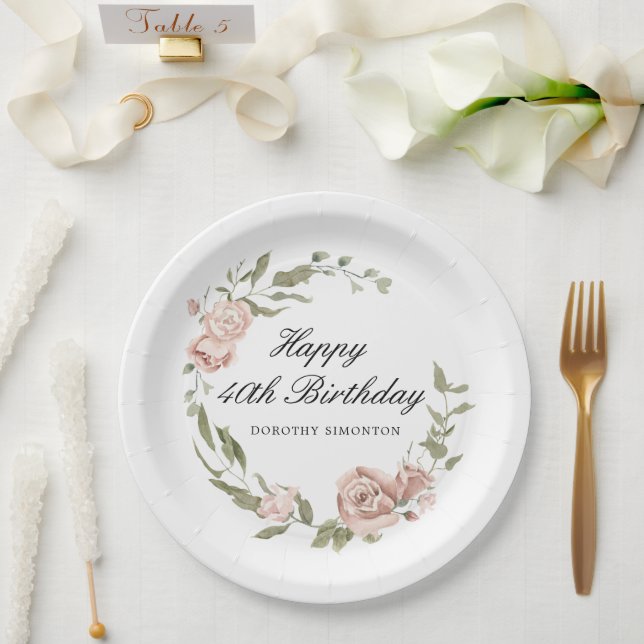 Assiettes En Carton Rose rose Dusty Floral 40e anniversaire (Mariage)