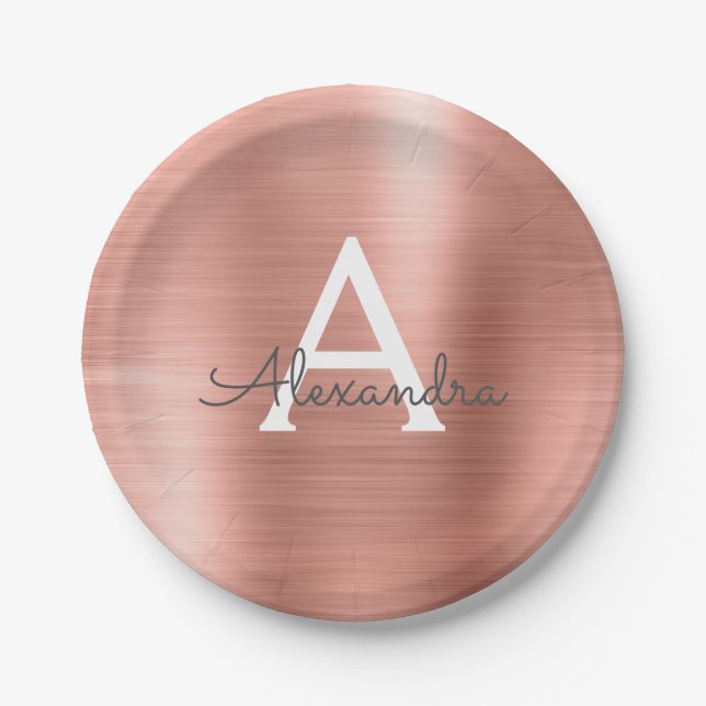 Assiettes En Carton Rose Rose Gold Girly Metallo Monogramme Anniversai (Devant)