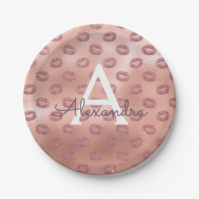 Assiettes En Carton Rose Rose Gold Lipstick Baisers Monogramme Anniver (Devant)