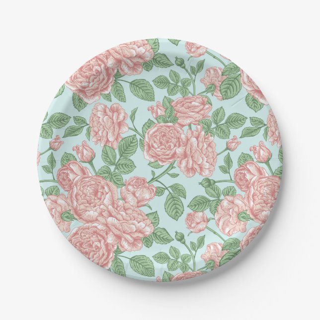Assiettes En Carton Rose rose Jardin Bouquet Motif (Devant)
