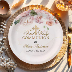 Assiettes En Carton Rose rose pâle Floral Première Communion sainte