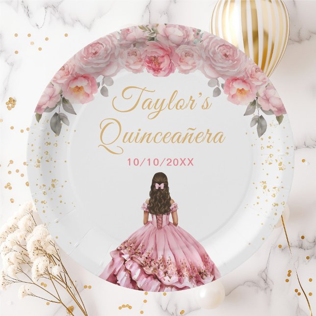 Assiettes En Carton Rose Rose princesse Floral Quinceañera (Créateur téléchargé)