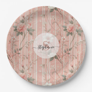 Assiettes En Carton Rose rose vintage sur Arrière - plan rose rayé