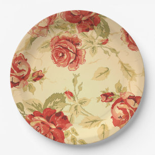 Assiettes En Carton Rose rouge, crème, bronze antique floral