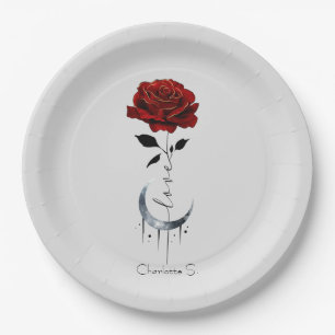 Assiettes En Carton Rose rouge de style tatouage et lune de croissant 