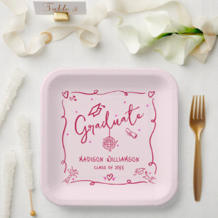 Assiettes En Carton Rose Rouge Dessin à la Main Style Rétro de Remise 