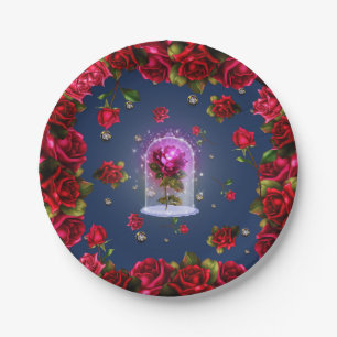 Assiettes En Carton Rose rouge enchantée et strass de diamants Élégant