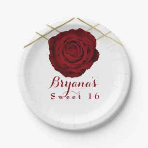 Assiettes En Carton Rose rouge et lignes dorées Fleurs Élégant Personn