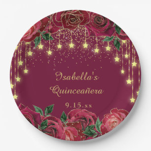 Assiettes En Carton Rose Rouge Étoile Dorée Guirlande Lumineuse Étoile