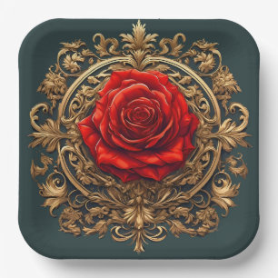 Assiettes En Carton Rose rouge ornée avec cadre baroque doré