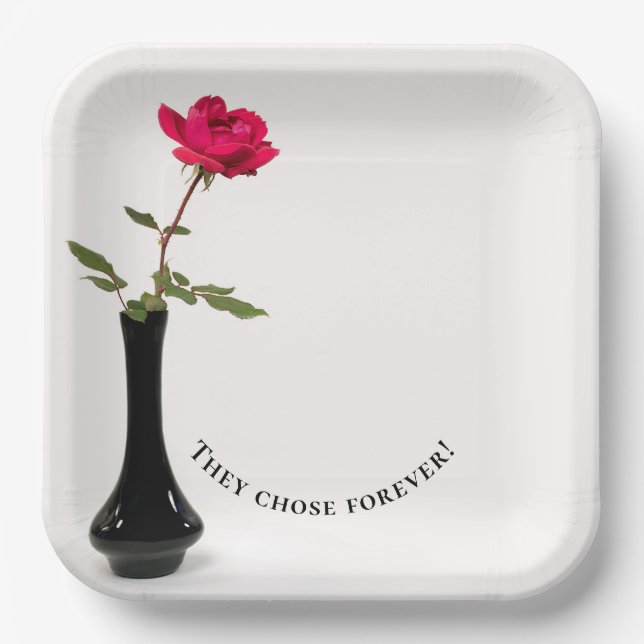 Assiettes En Carton rose rouge simple dans le vase noir (Recto)