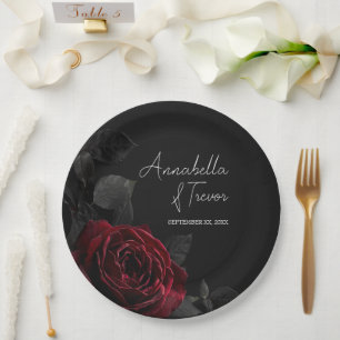 Assiettes En Carton Rose Rouge sur Fleurs Noires Moody Nom Personnalis