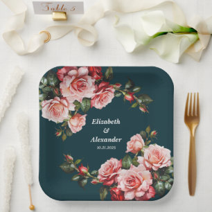 Assiettes En Carton Rose sombre et rouge roses turquoise mariage