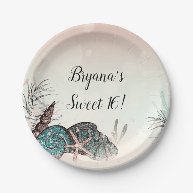 Assiettes En Carton Rose sous les coquillages Fête de 16 ans à Beach S (Devant)