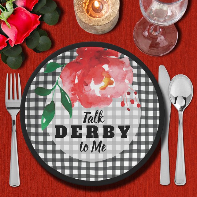 Assiettes En Carton Rose sur Black and White Talk Derby (Talk Derby to Me Rose on Black and White Gingham Paper Plates)