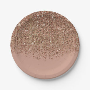 Assiettes En Carton Rose Taupe & Bronze Or Glitter Glam Fête