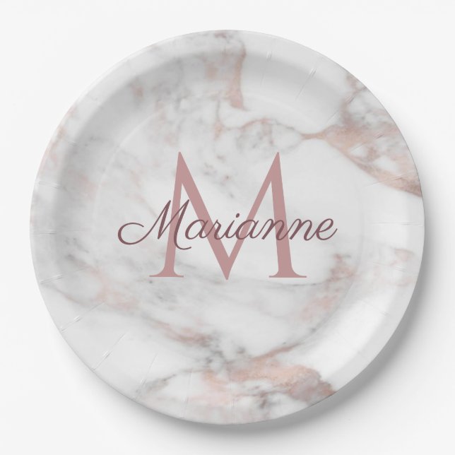 Assiettes En Carton Rose tendance en marbre doré design Monogram Modèl (Devant)