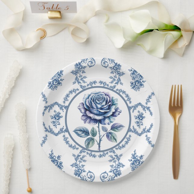 Assiettes En Carton Rose Vintage Bleu (Mariage)