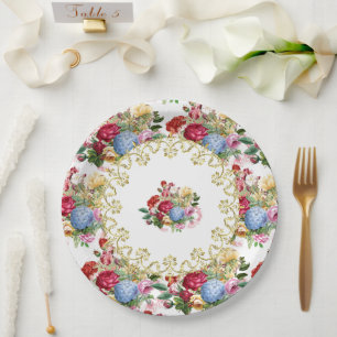 Assiettes En Carton Rose Vintage Botanique avec Filigrane Doré Élégant