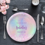 Assiettes En Carton Rose violet éclat holographique Sweet 16<br><div class="desc">Un arrière - plan holographique à la mode fillette en rose,  violet,  vert menthe. Décoré avec des faux étincelles. Personnalisez et ajoutez un nom et un âge.</div>