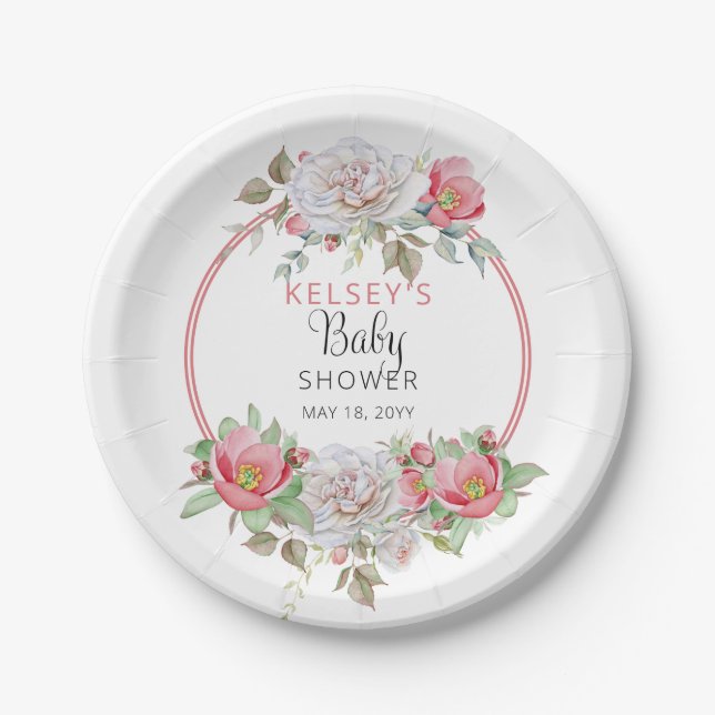 Assiettes En Carton Rose | White Sweet Floral Blooms Fille Baby shower (Devant)